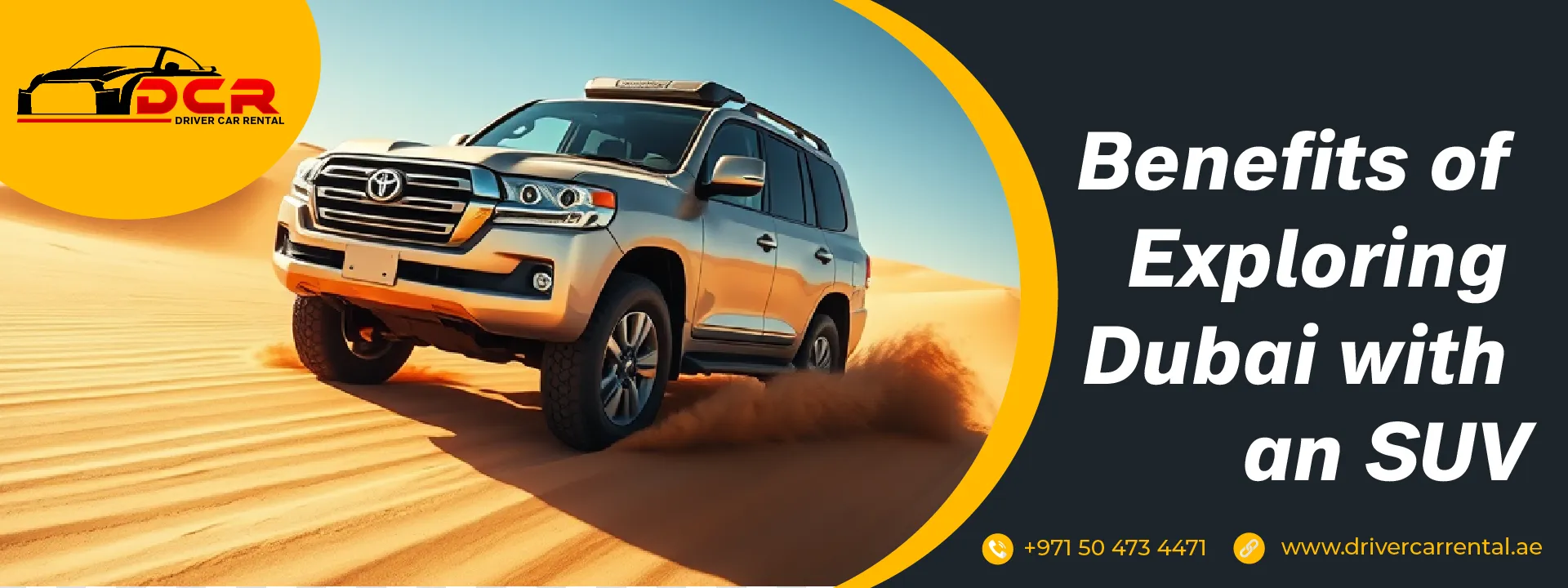 Image depicting benefits of SUV rentals in Dubai, including ample space, powerful performance, luxury features, and safety for family and adventure trips.
