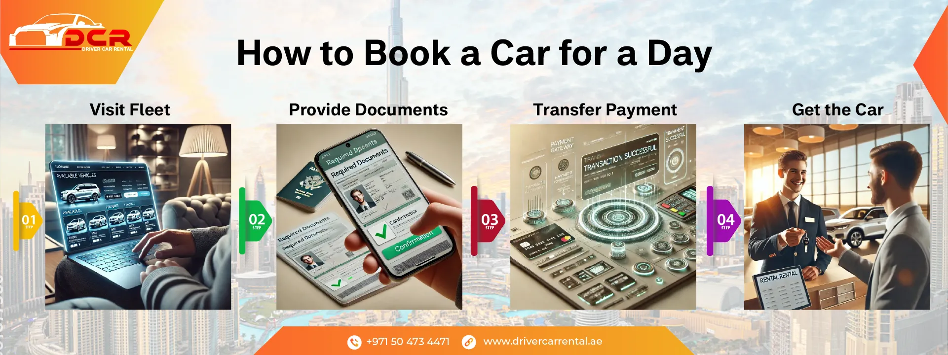 Step-by-step process for booking a daily rental car in Dubai, featuring a modern rental office, a smiling representative, and a sleek fleet of cars like the Hyundai Tucson.