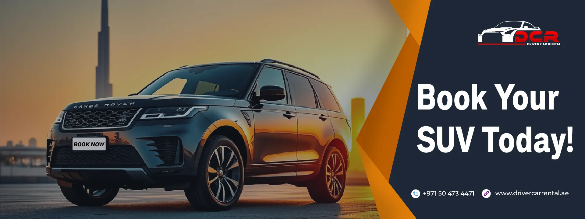 Call-to-action image encouraging customers to book an SUV rental in Dubai, emphasizing affordable rates, luxury options, and flexible plans.