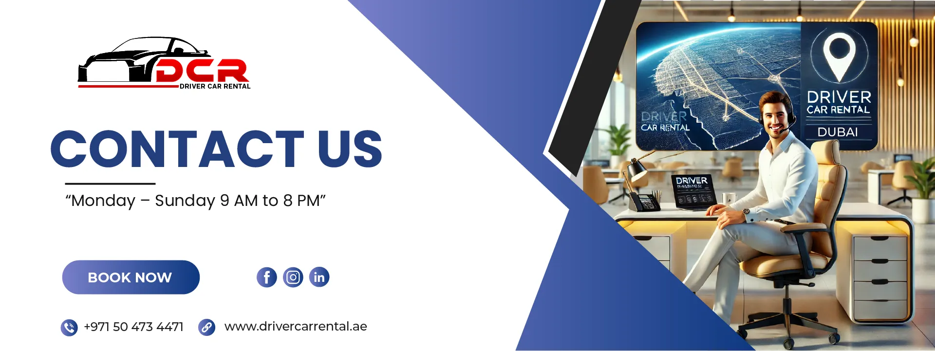 Contact Driver Car Rental Dubai to book affordable monthly car rentals. Available Monday to Sunday, 9 AM to 8 PM, offering 24/7 support and professional assistance.