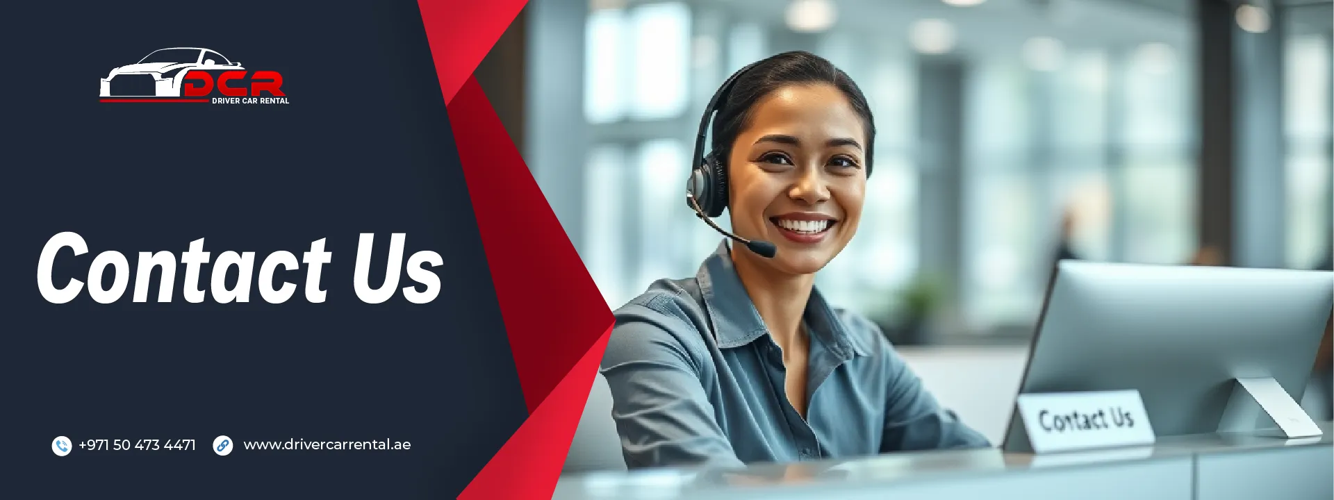 Contact details for Driver Car Rental Dubai, featuring phone number, email, and location for SUV rental inquiries and bookings.