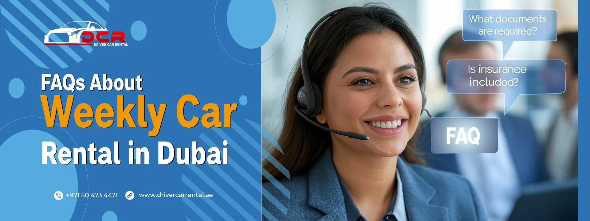Frequently asked questions about weekly car rentals in Dubai, covering insurance, document requirements, and rental extensions.