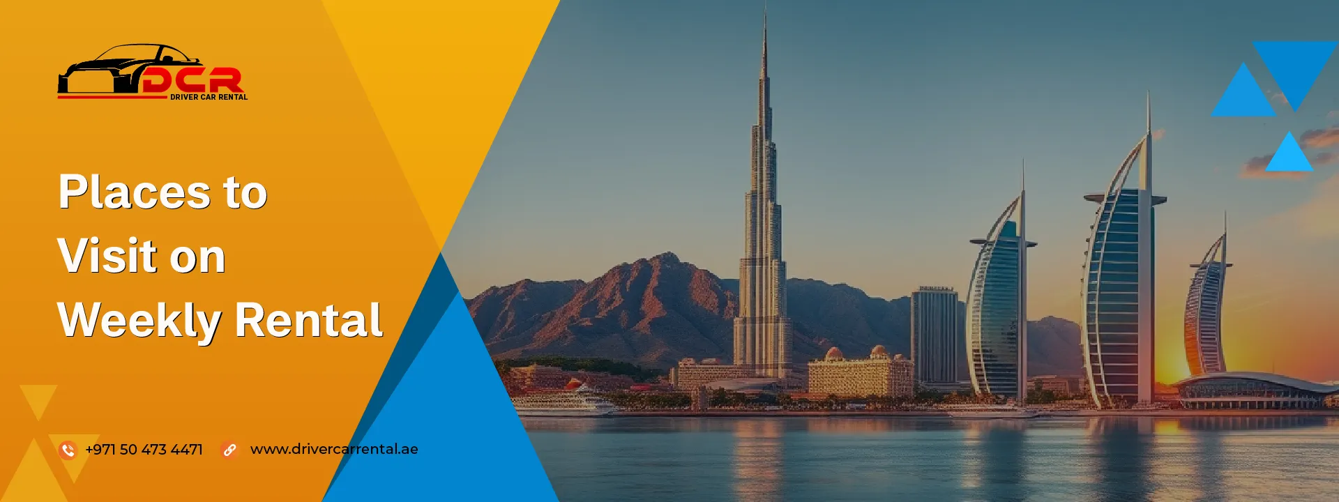 Top places to visit in Dubai with a weekly car rental, including Burj Khalifa, Dubai Marina, Hatta, and Palm Jumeirah.
