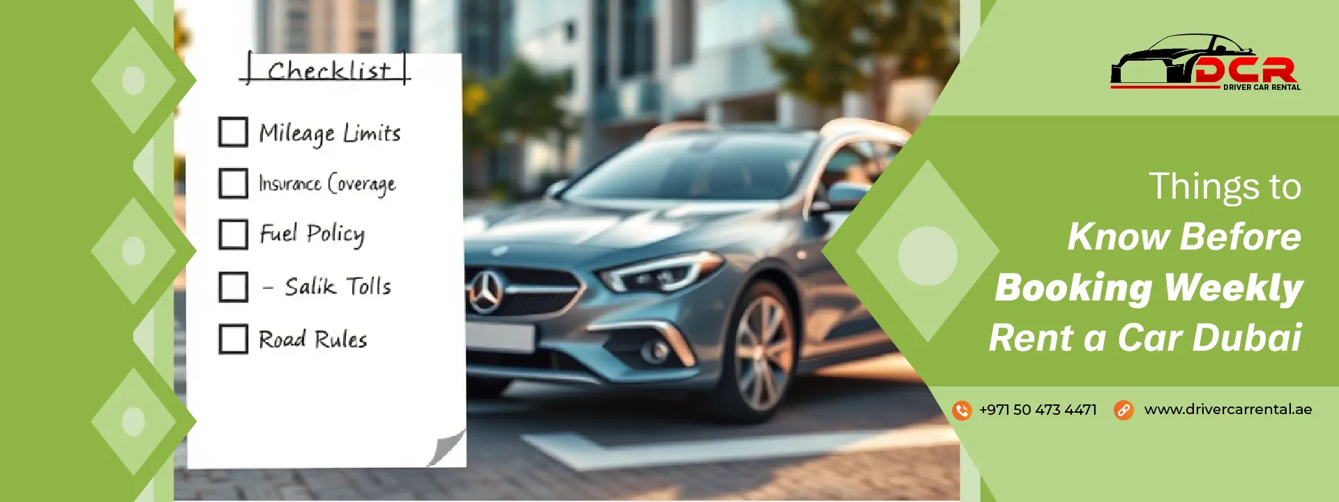 Important tips for booking a weekly car rental in Dubai, including insurance, mileage limits, and Salik toll charges.