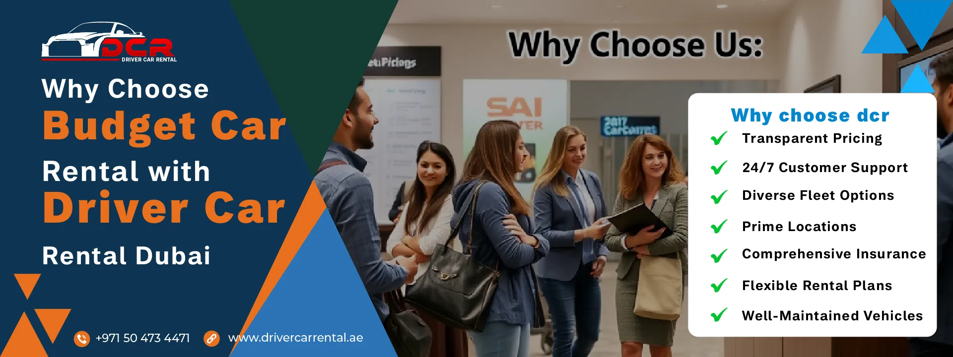 Reasons to choose Driver Car Rental Dubai for budget-friendly car rentals, including transparent pricing, 24/7 support, and a diverse fleet of vehicles.